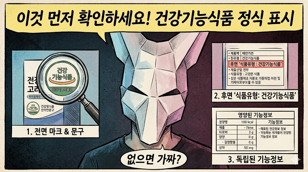 건강기능식품 정식 표시를 전면 마크, 후면 식품유형, 영양&middot;기능정보 구조로 확인하는 방법을 설명하는 이미지
