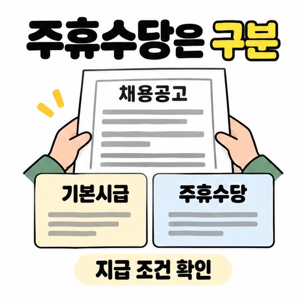 주휴수당은 구분이라는 문구 아래 채용공고를 든 손과 기본시급, 주휴수당 항목 및 지급 조건 확인 안내
