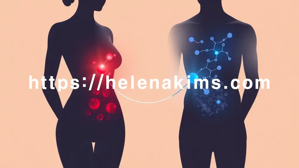 왼쪽 여성 실루엣 위로는 섬세하게 빛나는 에스트로겐 분자 구조가 점차 흐려지는 동시에 복부에 붉은색 지방 세포 패턴이 번지고, 오른쪽 남성 실루엣 위로는 푸른 테스토스테론 분자 구조가 서서히 약해지면서 유사한 지방 패턴이 나타난다.