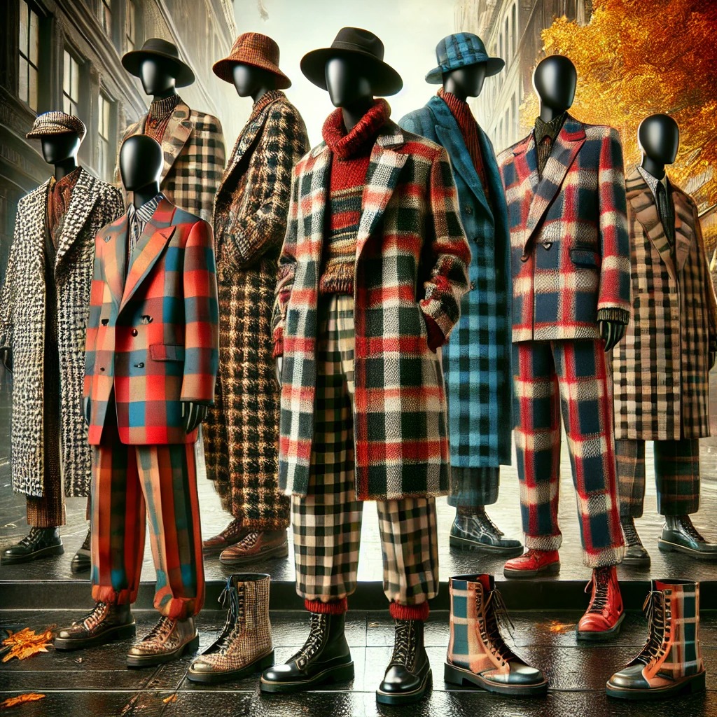 과감한 체크 패턴으로 2024년 가을 패션을 선보이며, 코트, 바지, 셔츠에 큰 그리드 디자인과 다채로운 체크 무늬를 특징으로 하며, 고전적인 요소와 트렌디한 요소를 결합했습니다