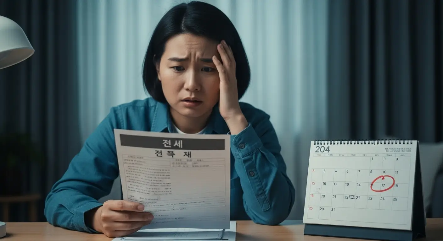 한 외국인 집주인이 임대차 계약서와 달력을 보며, 세입자에게 돌려줄 전세보증금 때문에 고민하는 모습