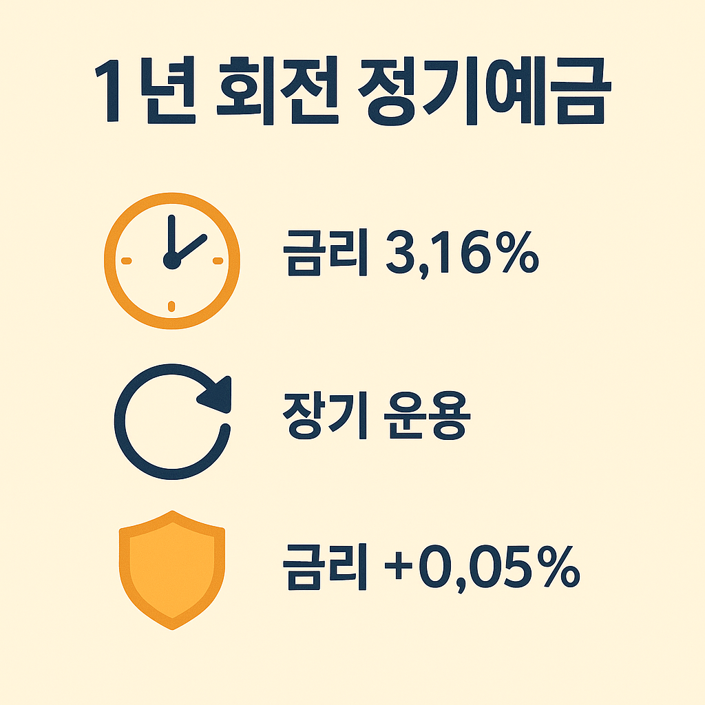 다올저축은행 1년 회전 정기예금 상품 안내 이미지로, 금리 3.16%에 장기 운용 가능하며, 추가 금리 혜택 +0.05%가 제공되는 특징을 설명한 인포그래픽입니다.