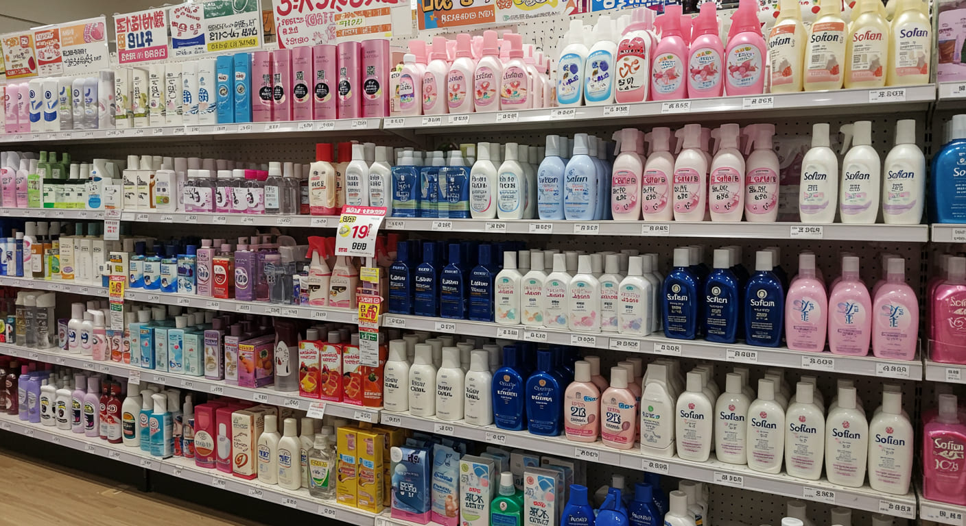 돈키호테 화장품 코너에서 하다라보 로션, DHC 립밤, 카네보 수이사이 등이 진열된 모습