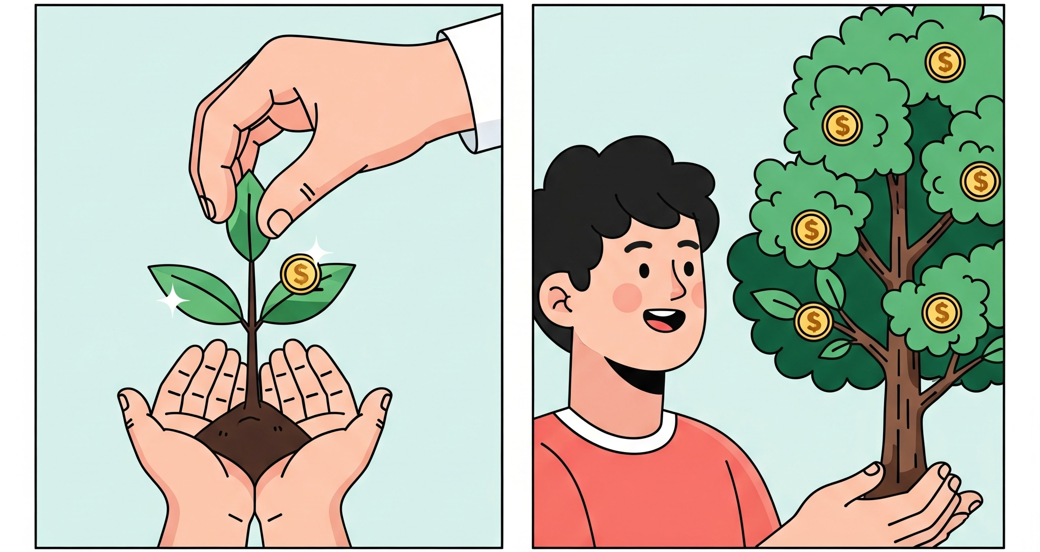 부모가 자녀에게 작은 돈 나무를 선물하고, 시간이 지나 큰 나무로 성장하는 모습