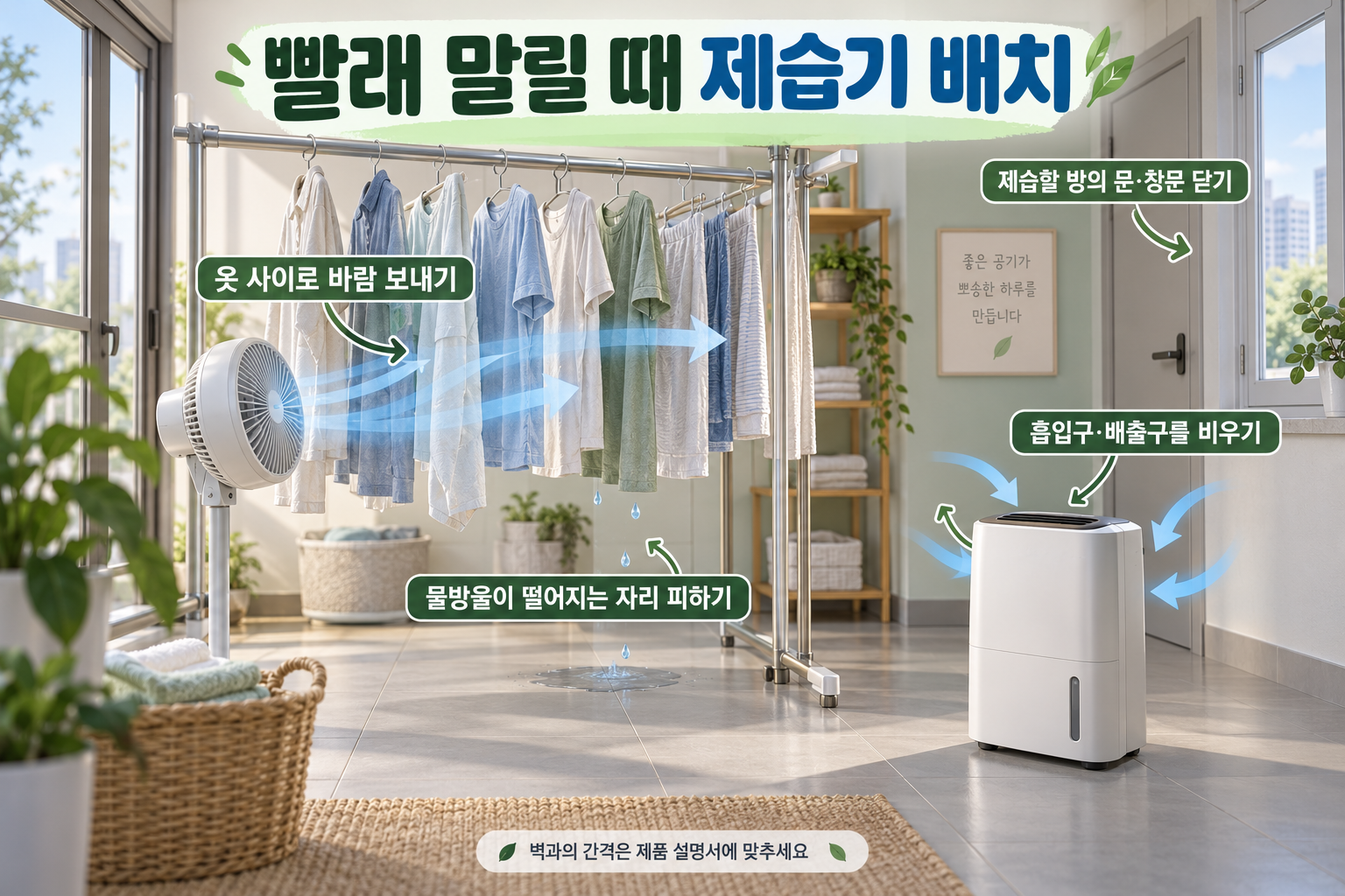 빨래 건조대와 제습기, 선풍기의 배치 및 공기 흐름을 보여주는 그림