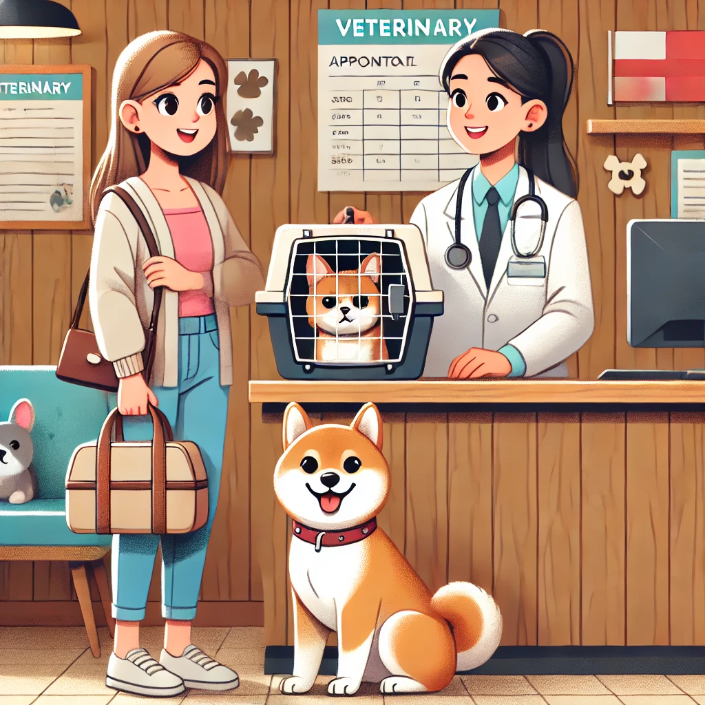 A pet owner arriving at a veterinary clinic with a Shiba Inu on a leash and a cat in a carrier, with a warm and inviting entrance