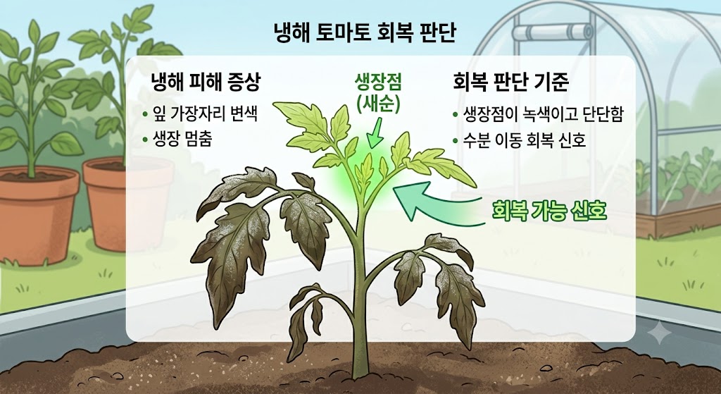 심각한 냉해 피해를 입어 잎 가장자리가 까맣게 타고 생장이 멈춘 모종과, 생장점이 녹색을 유지하며 단단하게 회복하고 있는 모종의 상태를 비교하는 설명 삽화