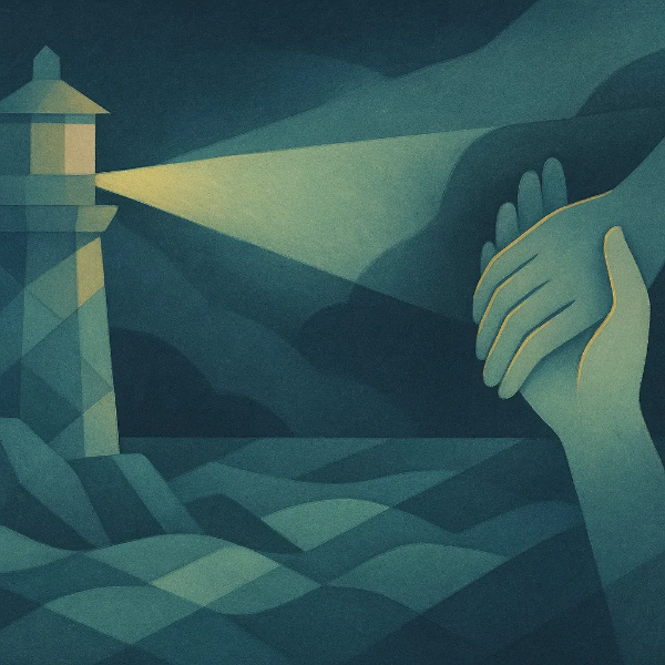 파스텔톤 큐비즘 등대와 바다 위 빛줄기, 심리적 안전망을 상징하는 장면