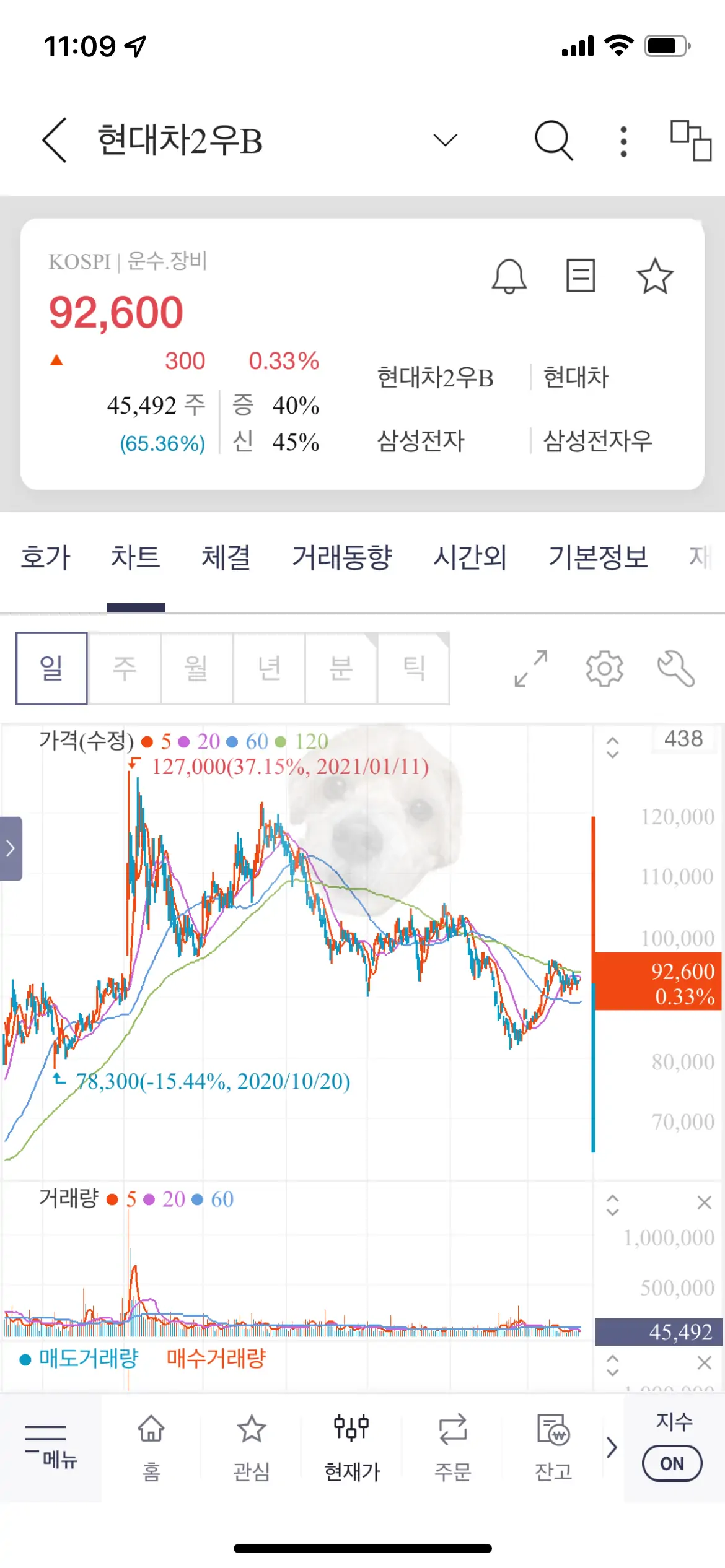 현대차 보통주와 현대차2우B 배당주 차트와 가격 사진