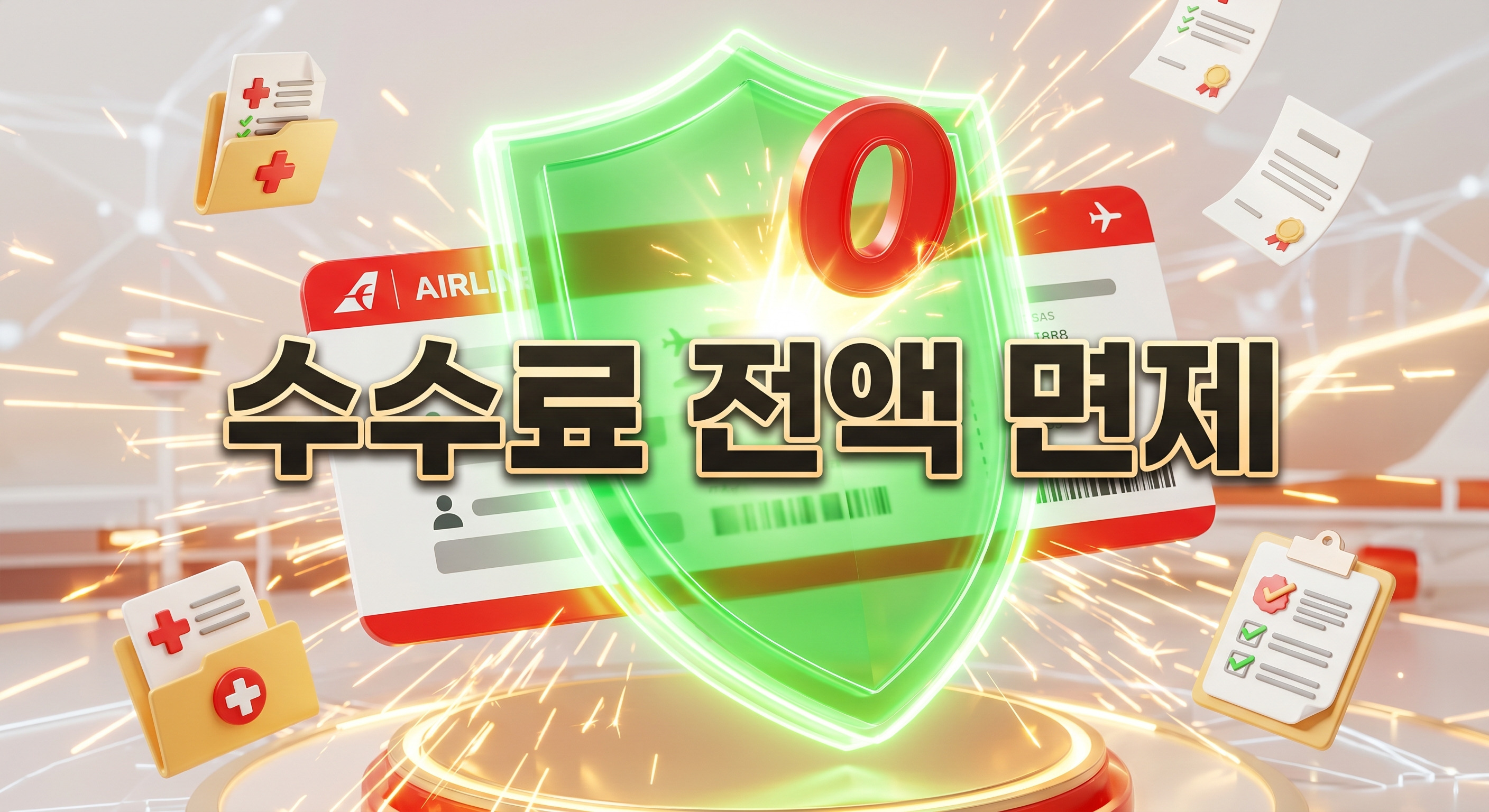빛나는 초록색 방패가 디지털 항공권을 보호하고 있으며, 중앙에서 수수료 0원을 상징하는 붉은색 '0' 동전이 나타나고 주변에 진단서 아이콘과 황금빛 불꽃이 튀는 3D 일러스트 배경에, 짙은 그림자와 외곽선으로 선명하게 강조된 '수수료 전액 면제'라는 한글 문구가 중앙에 적힌 이미지