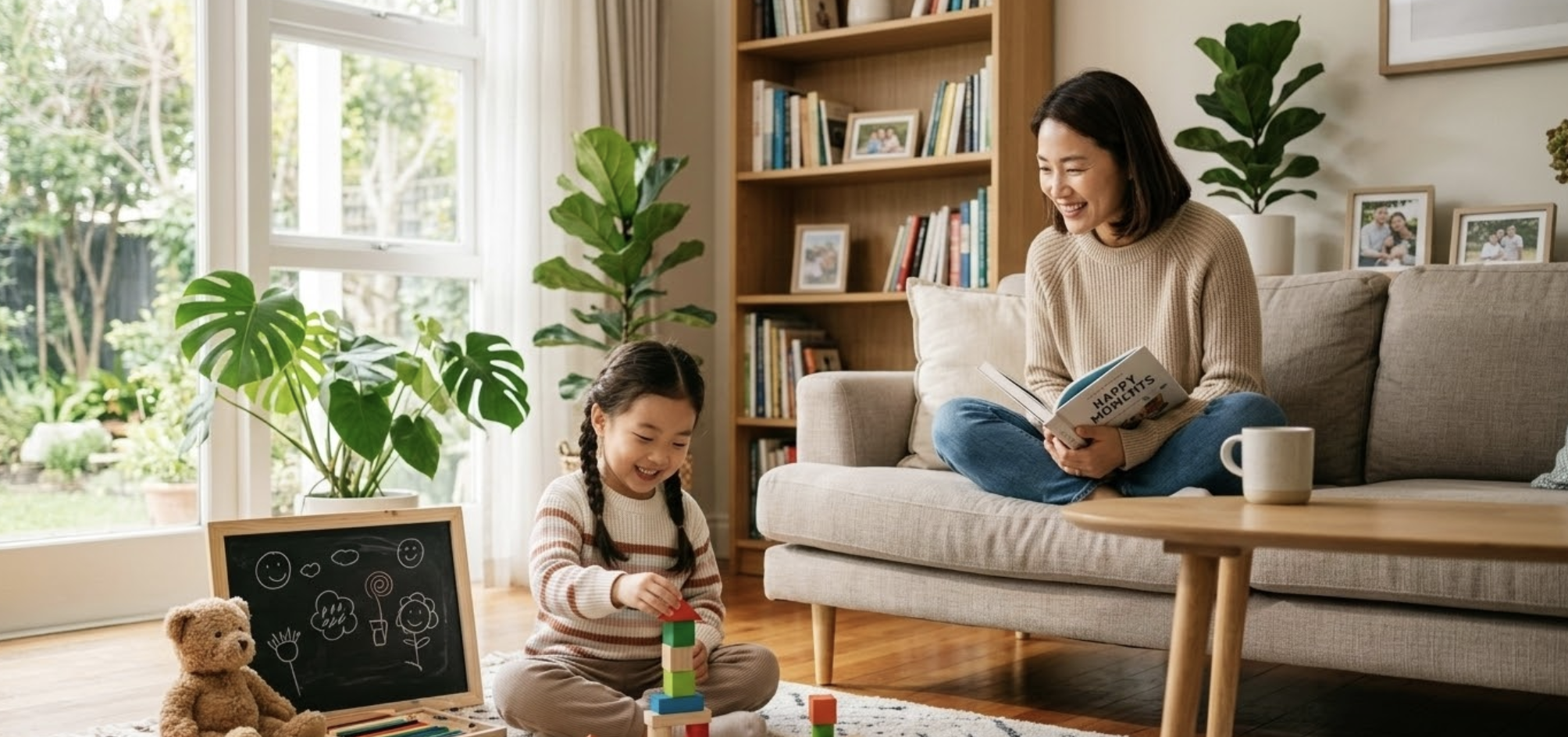 아늑한 거실에서 나무 블록 놀이에 집중하는 5세 아이와 뒤에서 책을 읽으며 미소 짓는 엄마의 평온한 모습