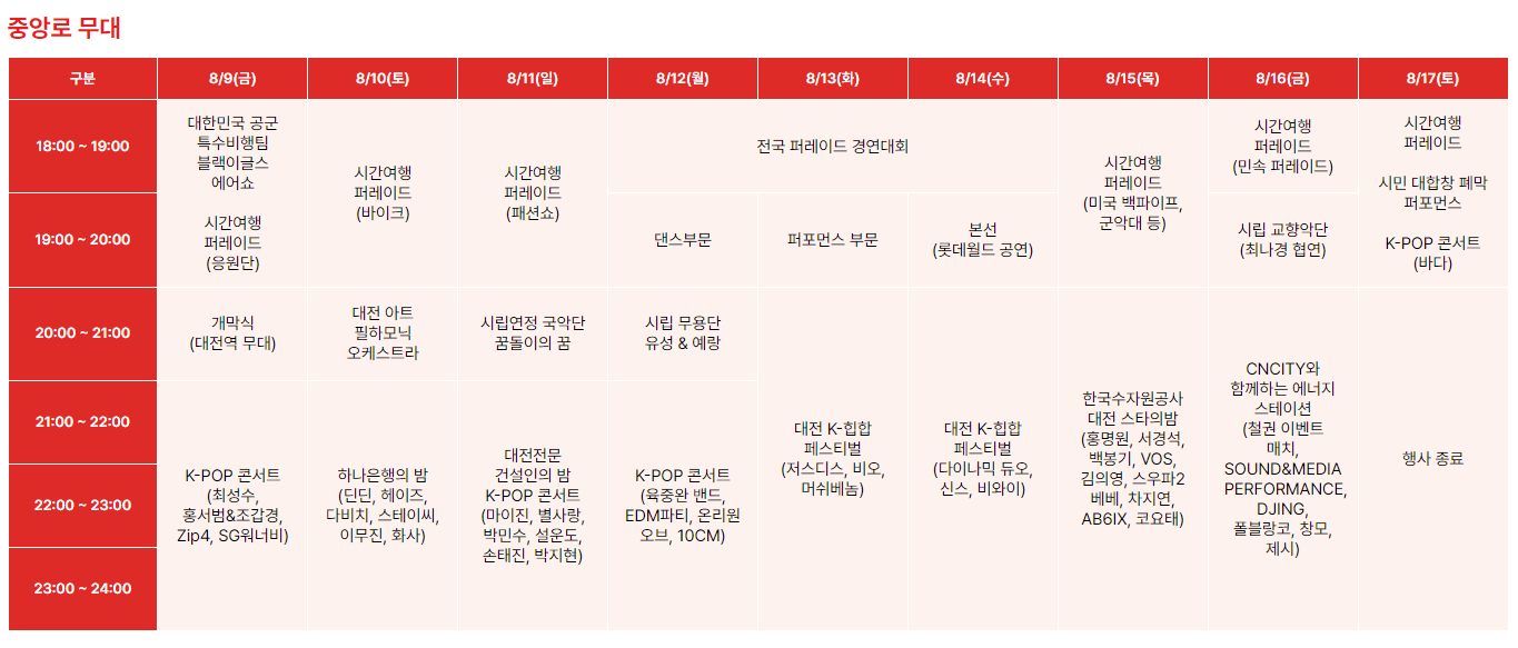 2024 대전 0시 축제 일정, 교통통제, 가수, 주차장