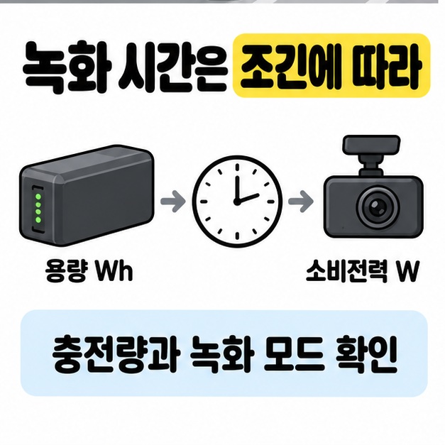 배터리 용량 Wh와 블랙박스 소비전력 W를 시계로 연결하고 충전량과 녹화 모드에 따라 녹화 시간이 달라진다고 설명하는 도식