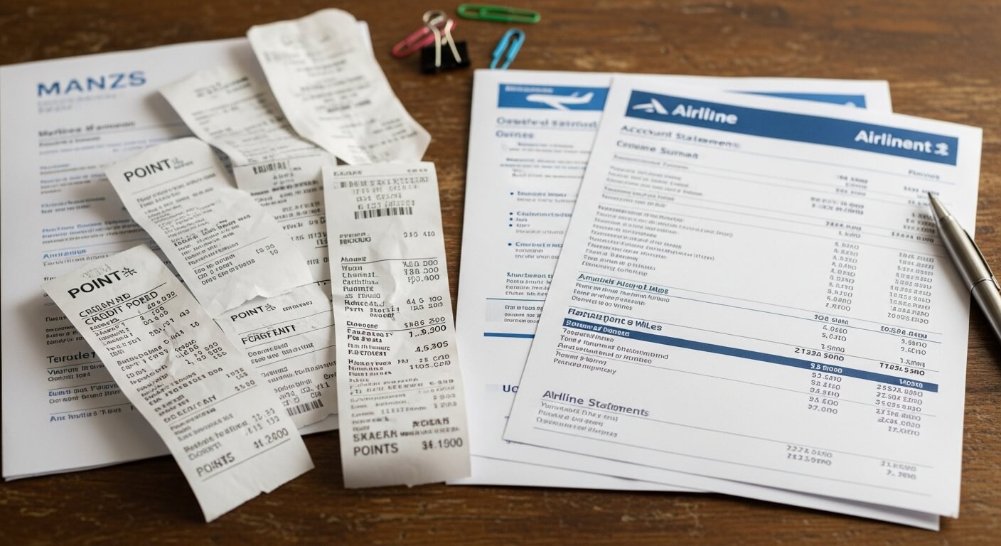포인트 적립 영수증과 항공사 마일리지 명세서가 책상 위에 놓인 모습