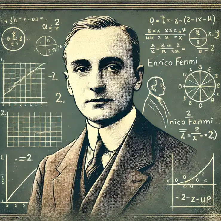 칠판 앞에서 수학 공식과 추정 단계를 설명하는 엔리코 페르미의 일러스트 초상화