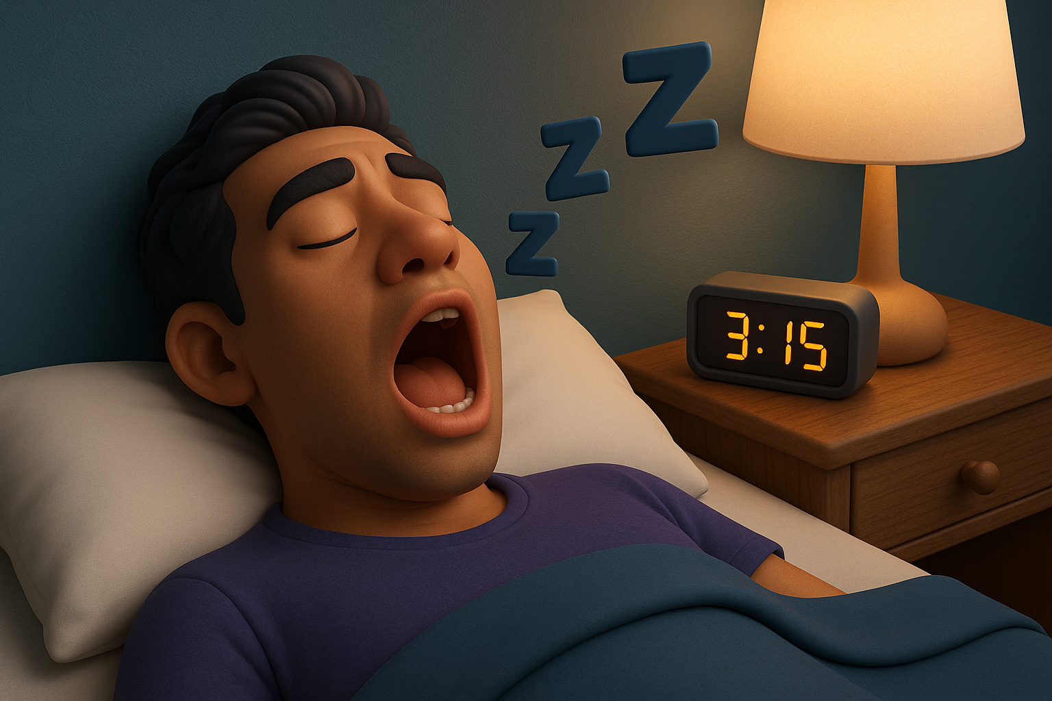 새벽시간임을 알려주는 시계와 코를 골며 자고 있는 남자의 모습을 형상화 한 그림