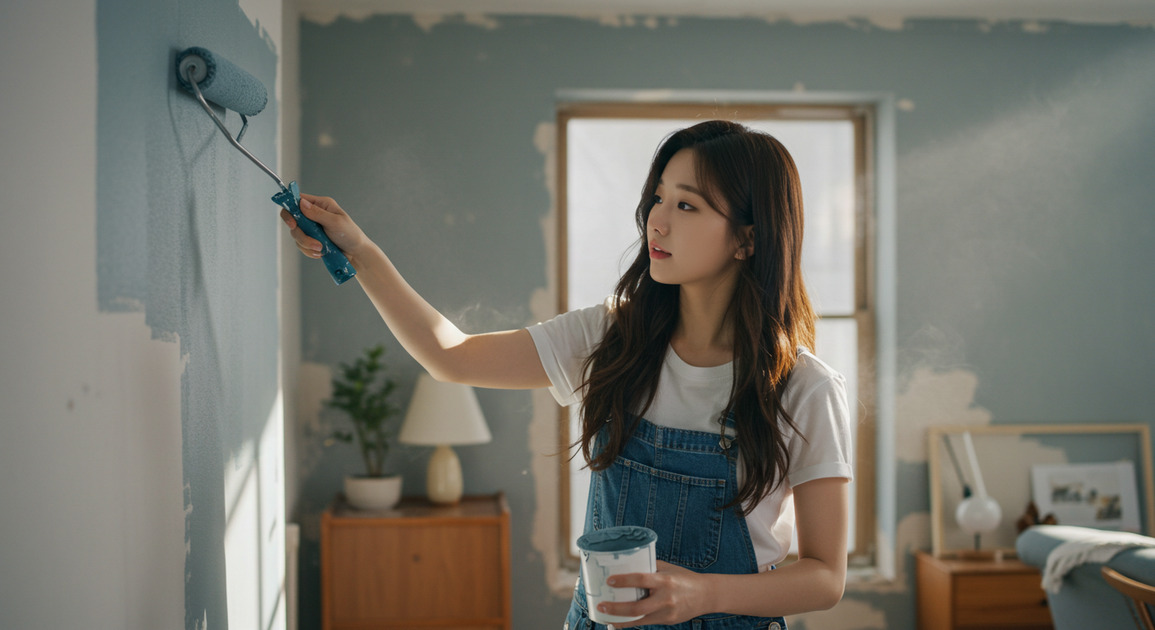 벽 꾸미기 위해 페인트 사용 중인 여성 이미지