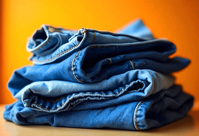 여러장의 청바지를 개어서 차곡차곡 쌓은 모습이다.