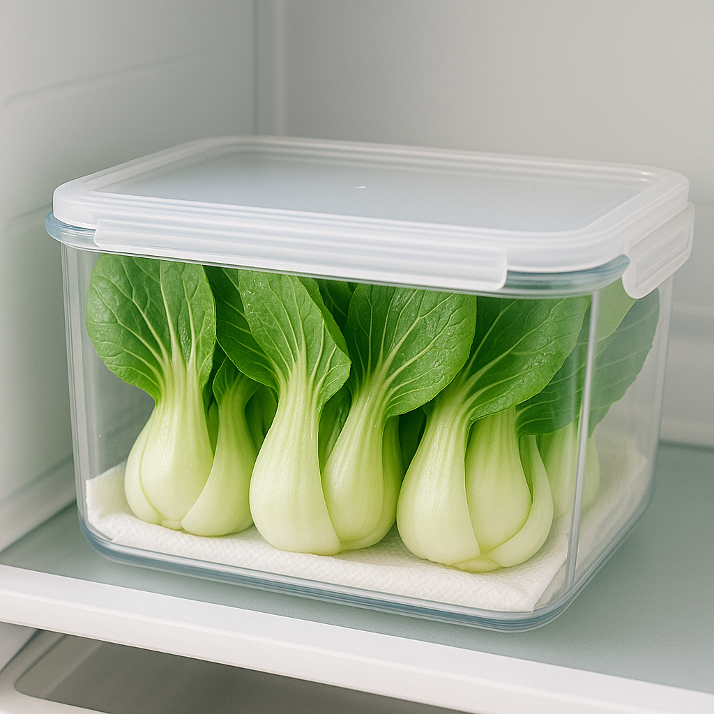밀폐용기에 종이타월을 깔고 깔끔하게 보관된 신선한 청경채, 냉장고 내부