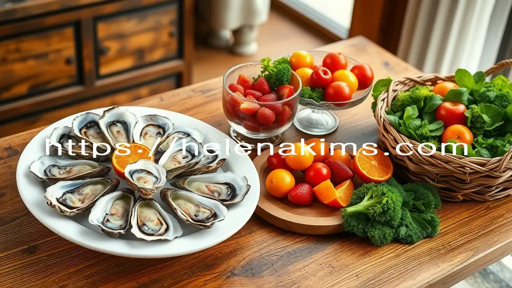 고급스럽고 따뜻한 실내 공간, 나무 테이블 위에 겨울 제철 식재료 정물화. 하얀 큰 접시에 담긴 신선한 굴이 담겨 있고, 그 옆에 유리접시에 딸기와 사과, 귤 등 과일 샐러드 담겨 있고, 그 옆에는 싱싱한 시금치와 브로콜리 등이 녹황색 채소가 대나무 바구니에 풍성하고 담겨 조화롭게 담겨 놓여 있습니다.