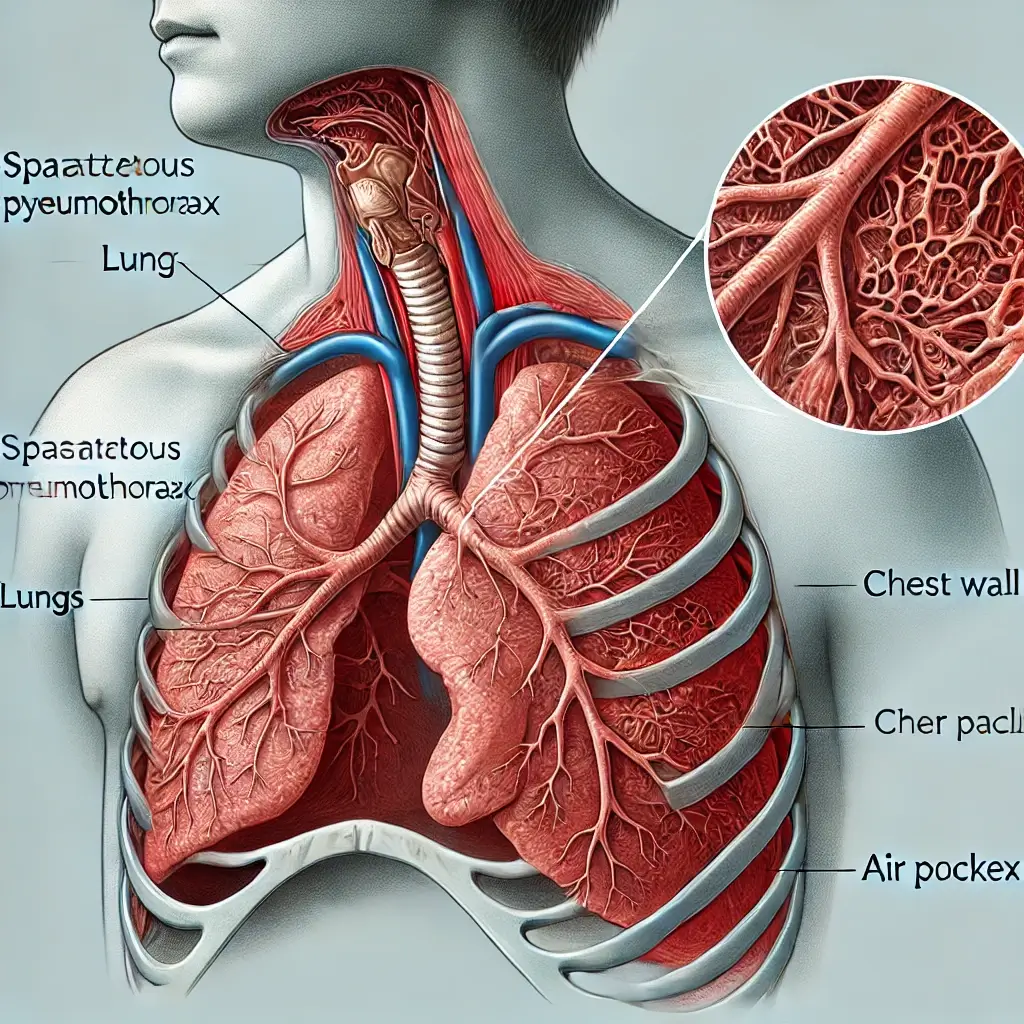 기흉의 설명 인체의 사진 폐쪽이 공기가 차 약간 부풀어 있는 모습이다.