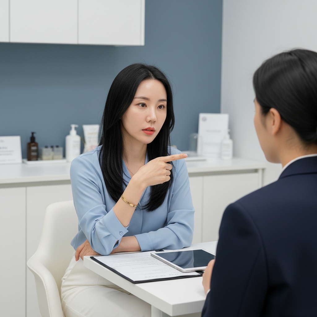 30대 한국 여성이 현대적인 피부과에서 전문 의료진과 리프팅 시술에 대해 신뢰감 있는 상담을 받는 모습.