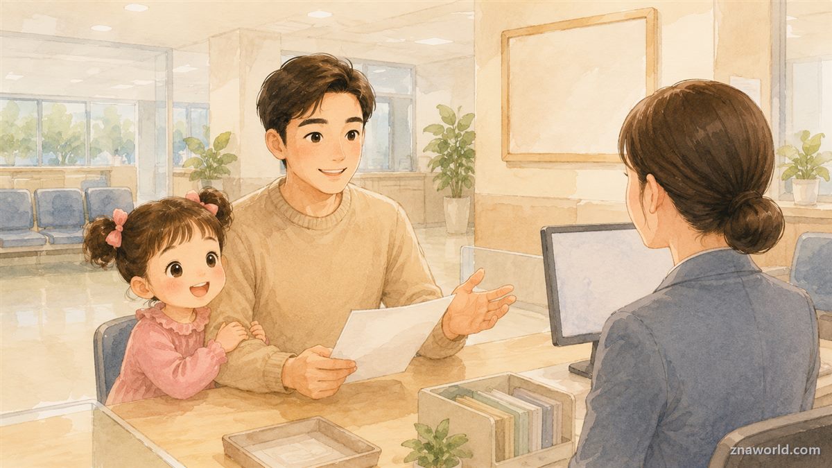 주민센터에서 명절 지원금 신청을 상담하는 아빠와 아이