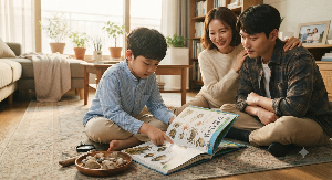 갯벌 체험 후 생물 도감을 찾아보는 초등 저학년 아이