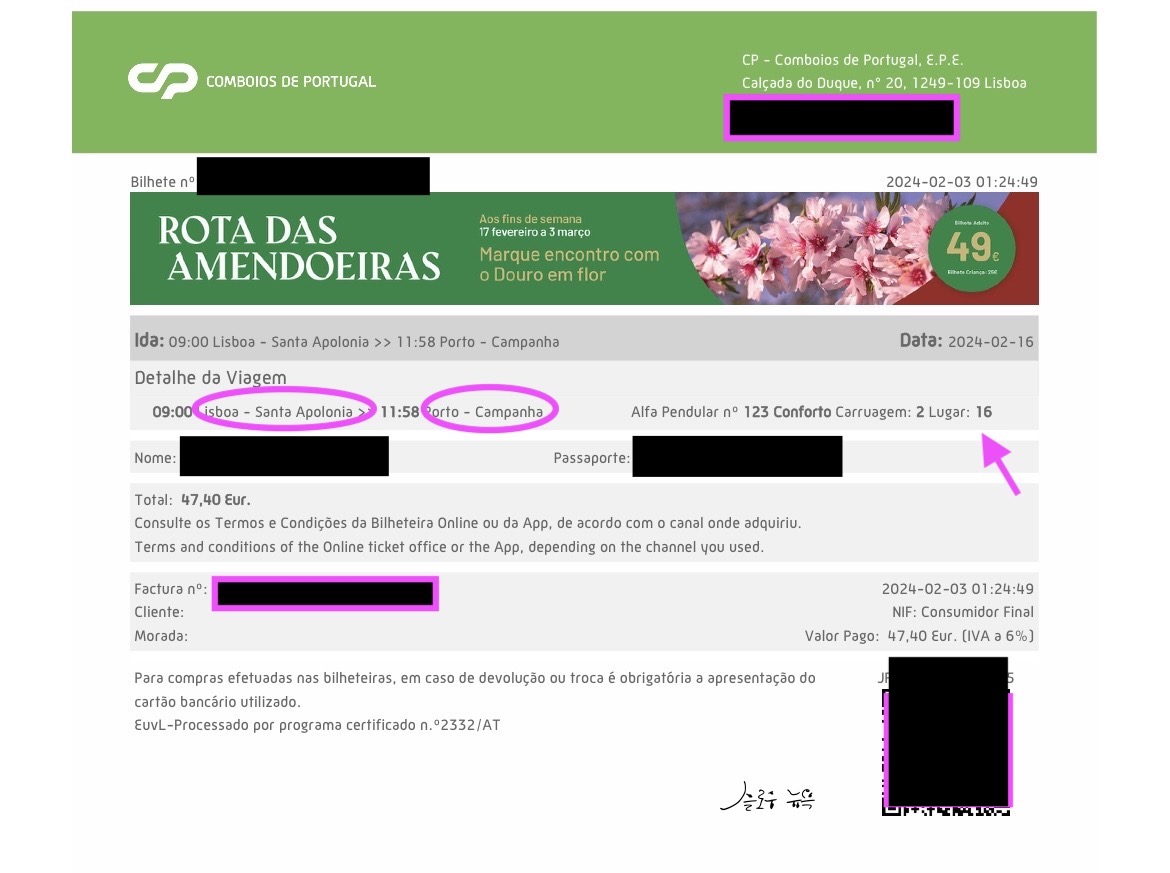 리스본에서 포르투가는 기차표