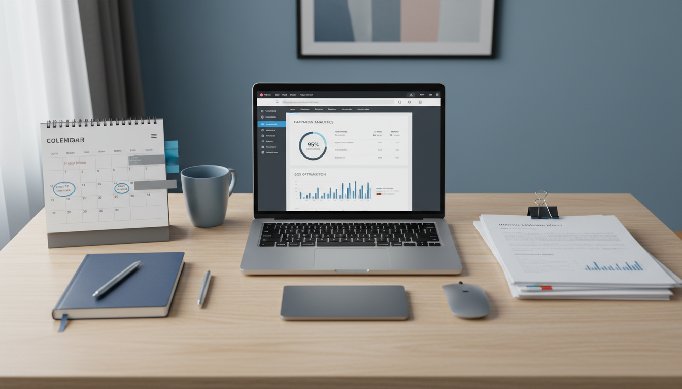 온라인 마케팅 대시보드가 보이는 노트북과 깔끔하게 정리된 증빙 서류들, 지원금 신청 준비를 철저히 하고 있는 소상공인의 책상.