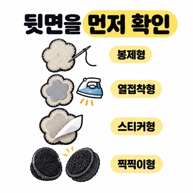 와펜 뒷면을 먼저 확인하라는 제목 아래 바늘과 실, 접착층과 다리미, 벗겨진 보호지, 분리된 찍찍이를 봉제형과 열접착형, 스티커형, 찍찍이형으로 구분한 그림