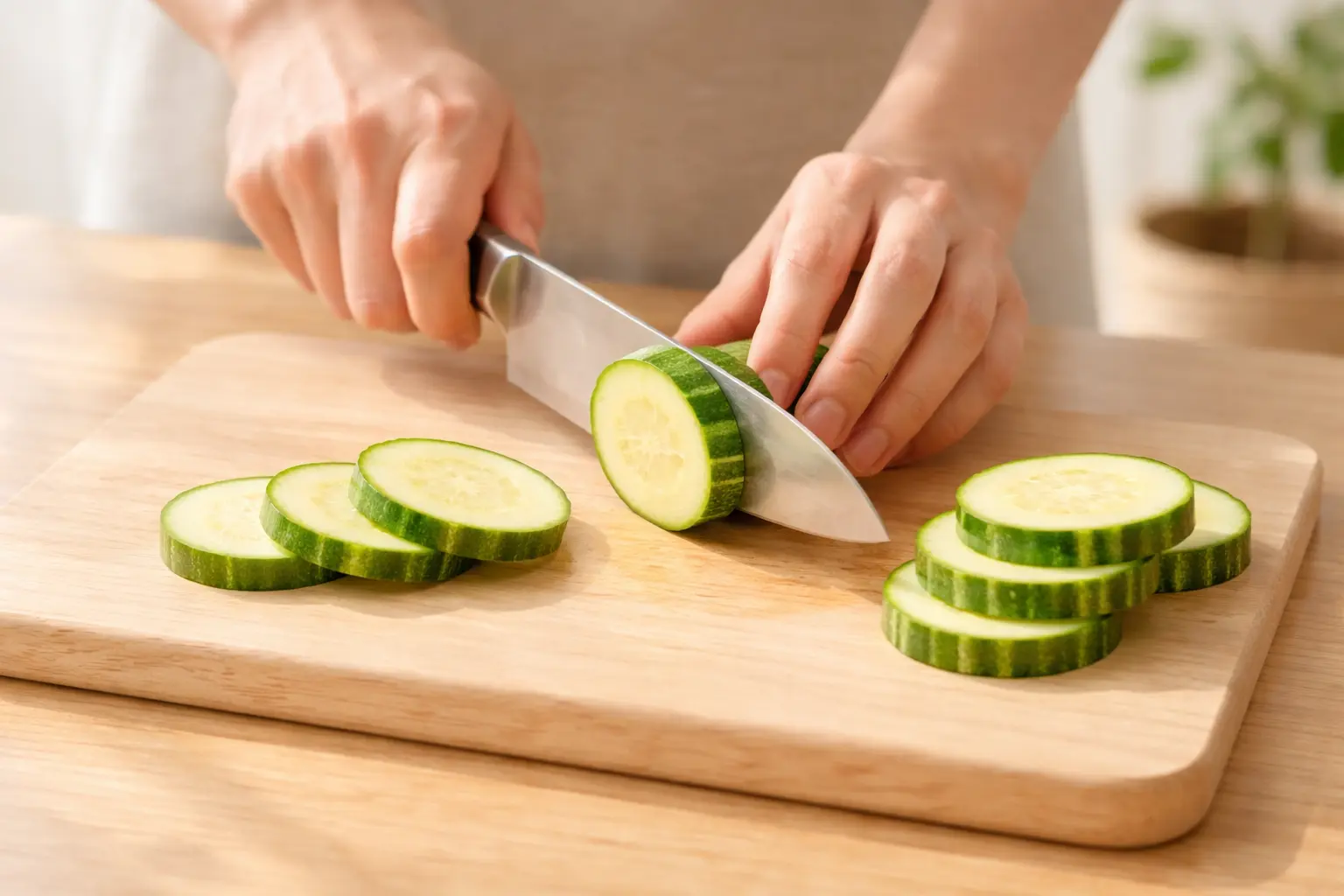 애호박을 0.5cm 두께로 동그랗게 썰어 도마 위에 놓은 장면