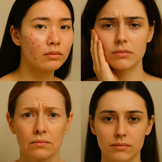 트러블, 속건조, 주름, 칙칙한 피부톤 등 네 가지 주요 피부 고민을 나눠 보여주는 이미지. 각각의 피부 상태에 따른 이너뷰티 루틴 솔루션을 시각적으로 표현함