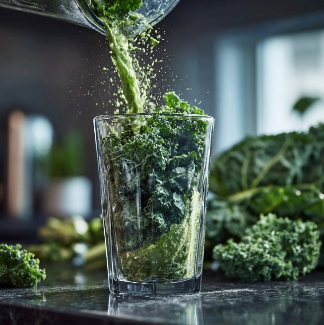 케일즙을 믹서기에서 컵으로 따르는 장면