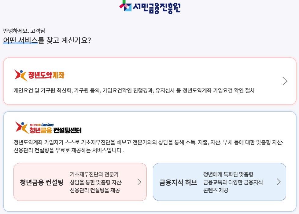 2025년 청년도약계좌 서비스 안내 화면 - 가입 요건 및 청년금융 컨설팅 제공
