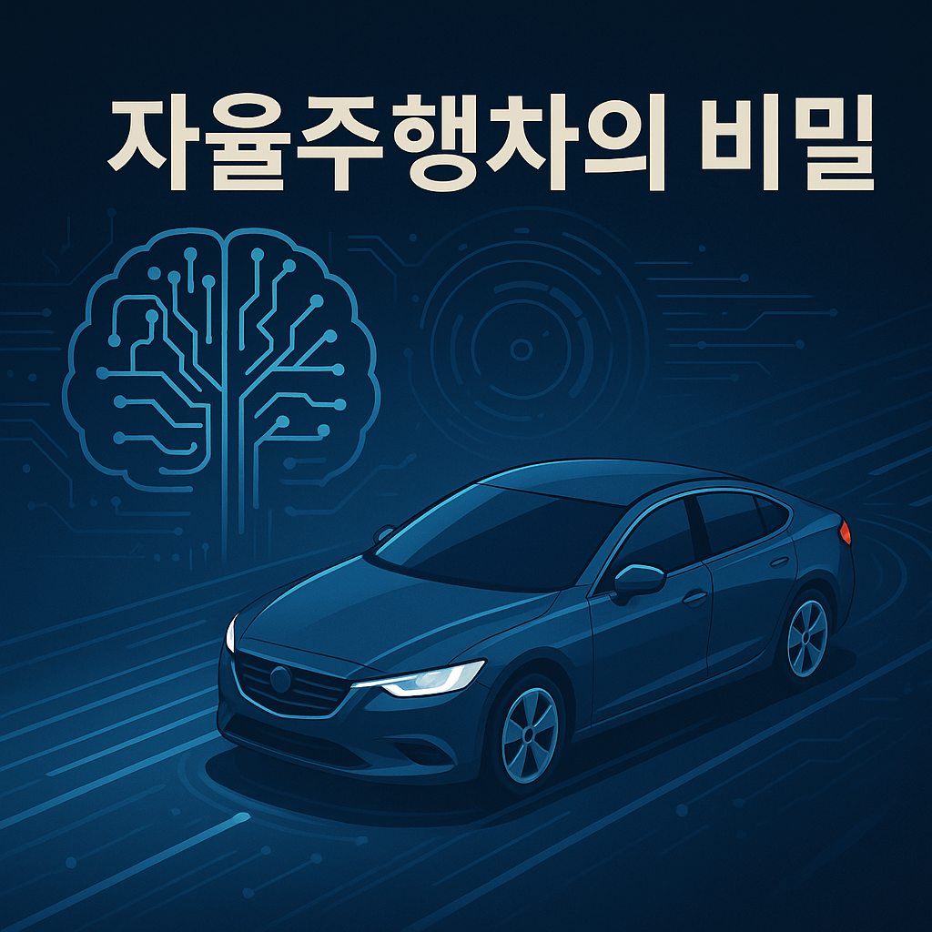 자율주행차가 디지털 도로를 주행하고 있는 모습과 인공지능을 상징하는 회로 뇌 이미지가 함께 표현된 고급스러운 일러스트
