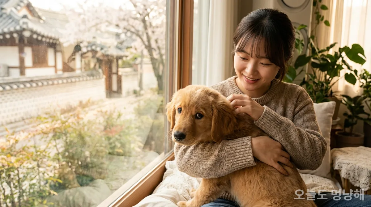 한국인 여성이 작은 강아지를 안고 창밖을 보며 사회화 교육을 하는 모습