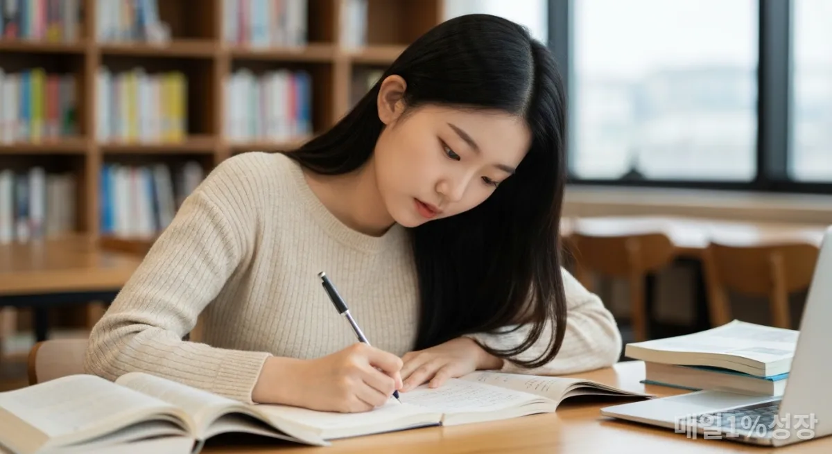 도서관에서 비판적 사고를 하며 공부하는 한국 학생