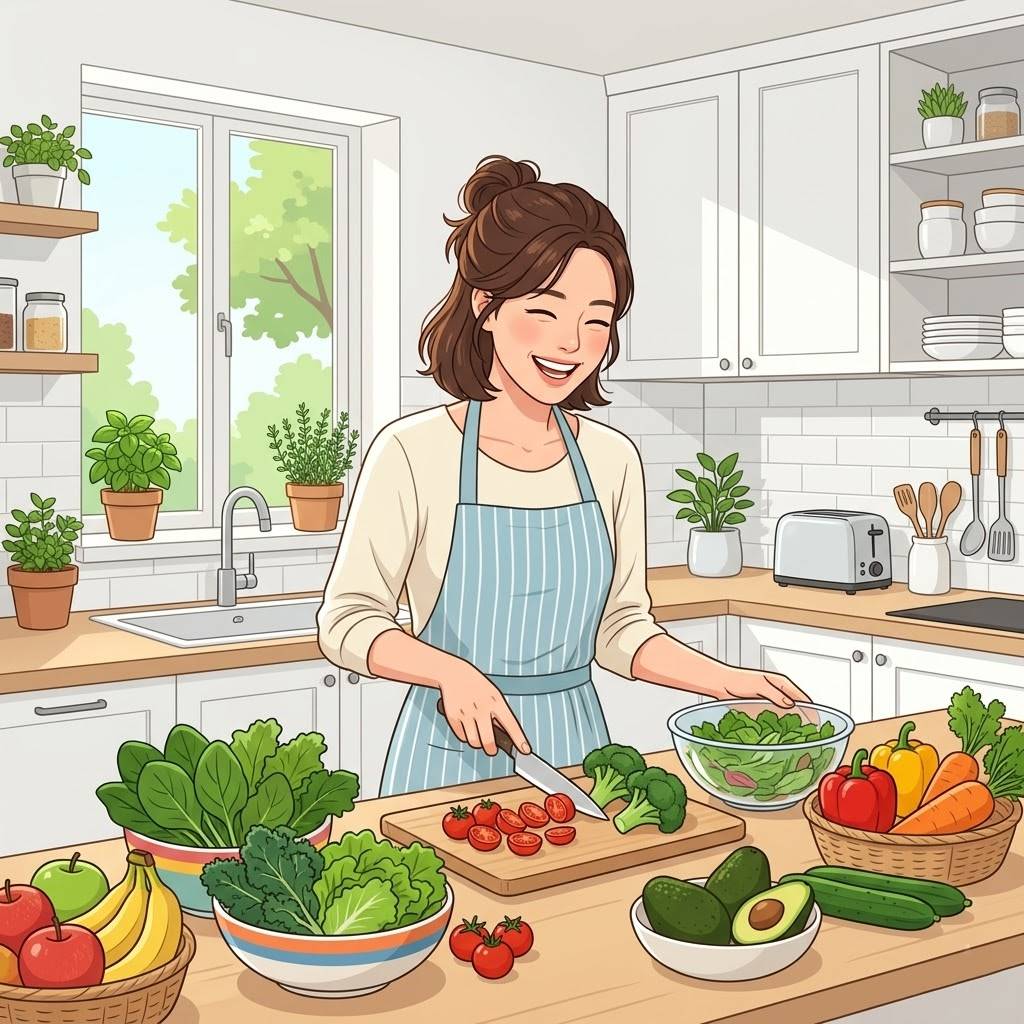 깨끗한 주방에서 신선한 채소와 과일로 건강 식단을 준비하는 한국인 여성의 모습
