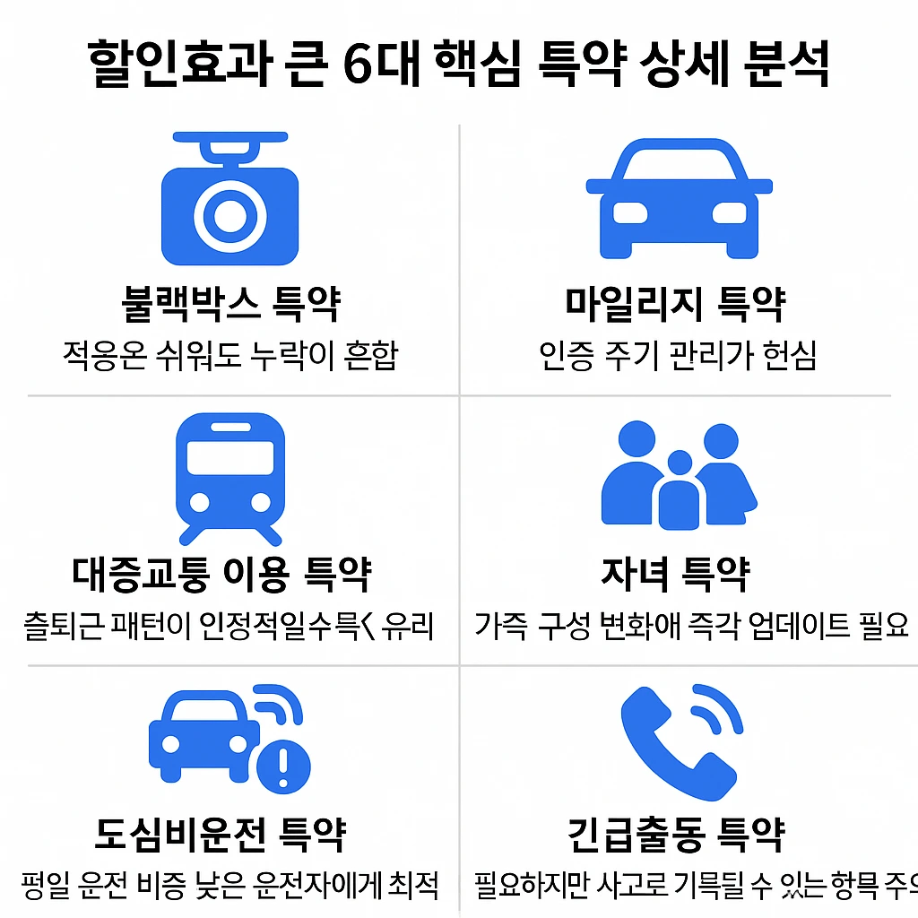 2025 자동차보험에서 할인효과가 큰 6대 핵심 특약을 한눈에 정리한 인포그래픽
