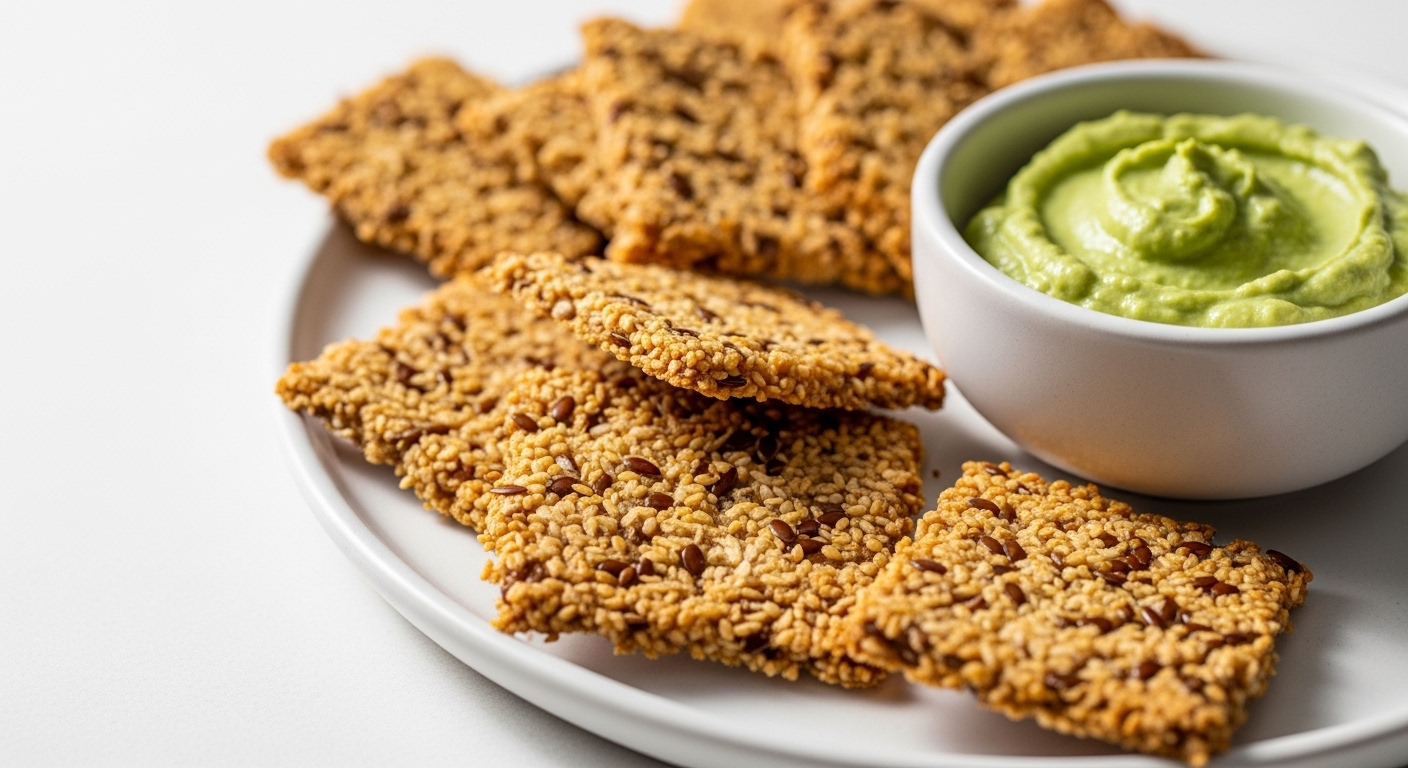 바삭하고 고소해 보이는 글루텐 프리 비건 코코넛 아마씨 크래커들이 허브 딥과 함께 흰색 접시에 담겨있는 모습