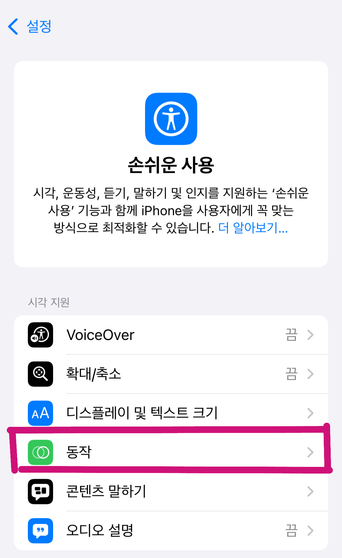 iPhone 손쉬운 사용 메뉴에서 동작 항목을 선택하는 화면. UI 애니메이션 관련 설정에 접근하는 경로.