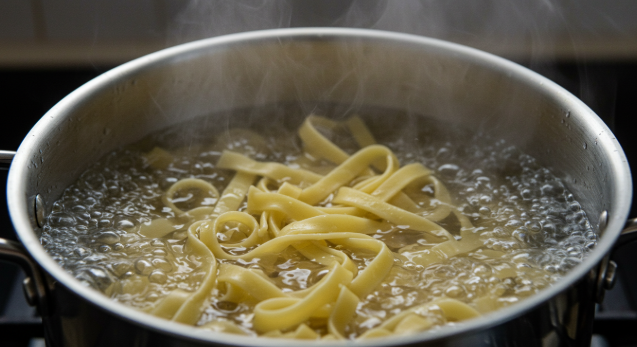 끓는 물에 파스타면이 들어가 삶아지고 있는 모습