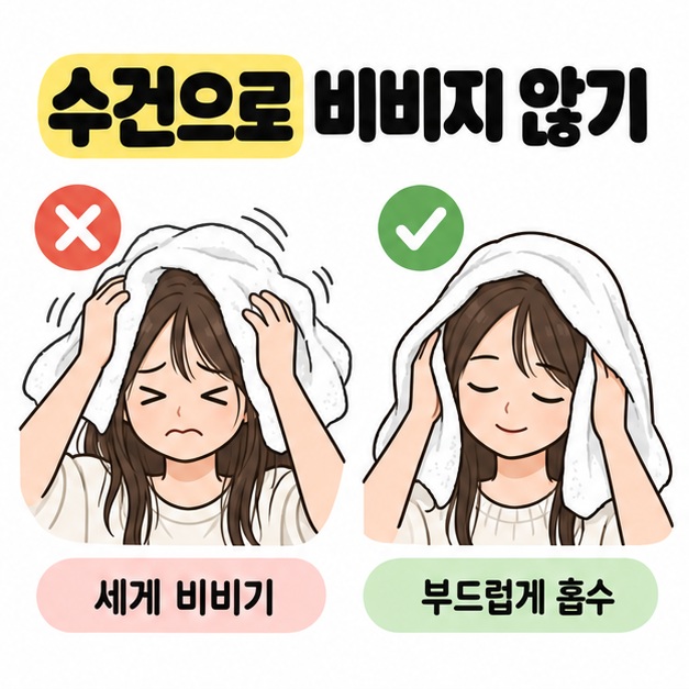 수건으로 머리를 세게 비비는 행동과 부드럽게 감싸 물기를 흡수하는 방법의 비교