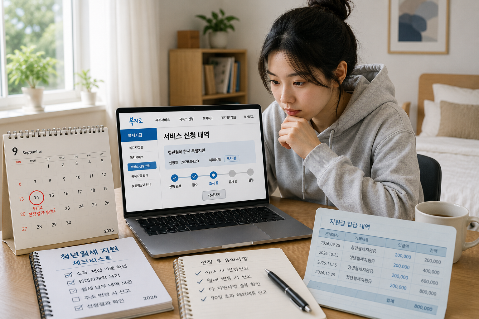 이사한 새 원룸에서 주소 변경신고를 준비하는 장면