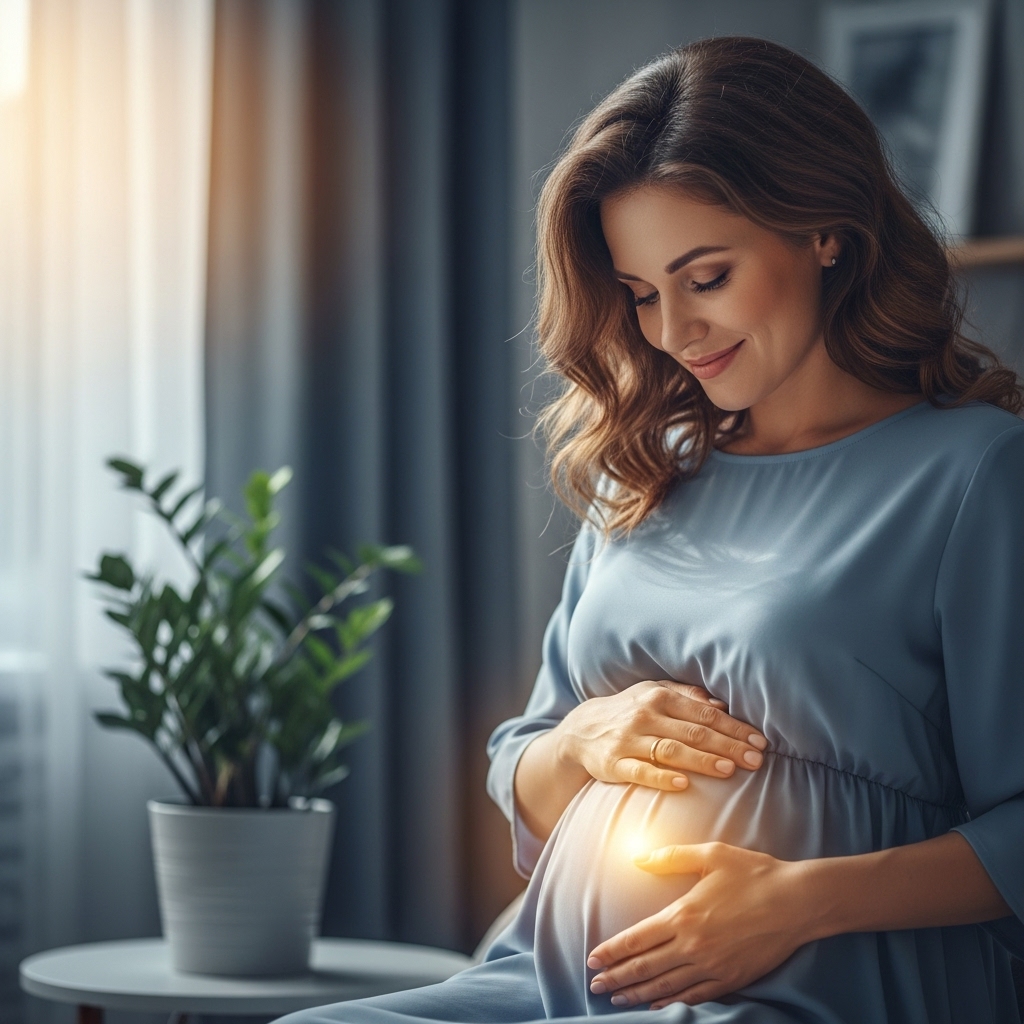 배란혈 후 임신 가능성에 대해 생각하며 아랫배를 감싸고 있는 여성의 모습