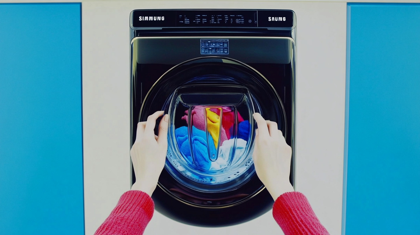 삼성 AI 세탁기의 터치스크린에서 세탁 코스를 설정하는 사용자의 모습, 선명하고 세련된 인터페이스가 강조된 장면.