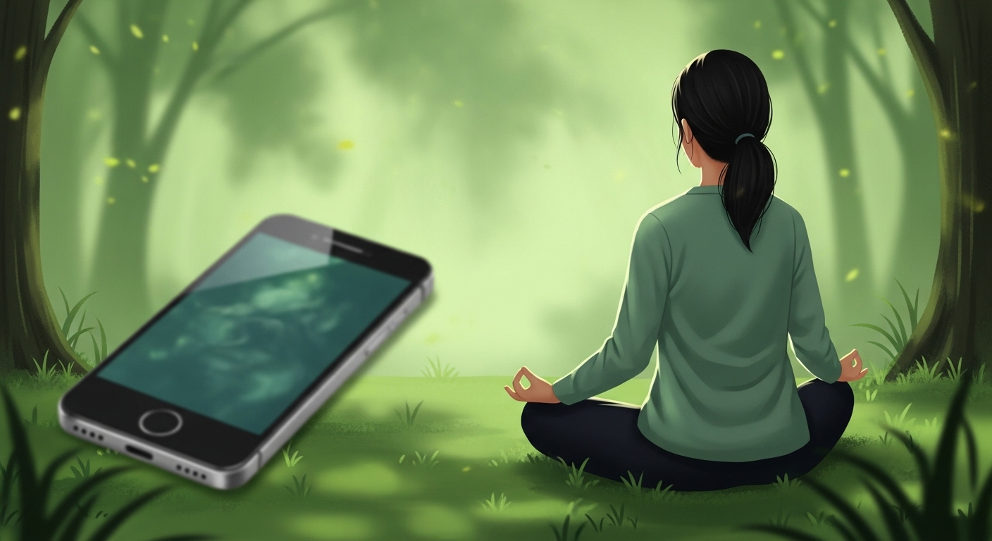 디지털 디톡스와 멘탈 케어를 상징하는 이미지. 푸른 자연 속에서 한 사람이 평화롭게 명상하고 있으며, 옆에는 잠시 내려놓은 스마트폰이 놓여 있습니다.