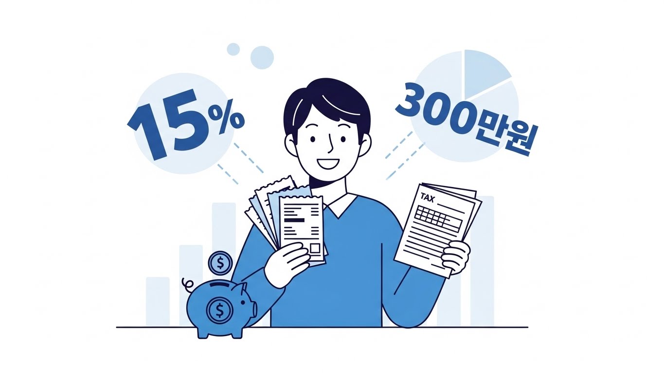 예체능 학원비 세액공제 혜택을 보여주는 인포그래픽: 영수증, 15% 공제율, 300만원 한도.