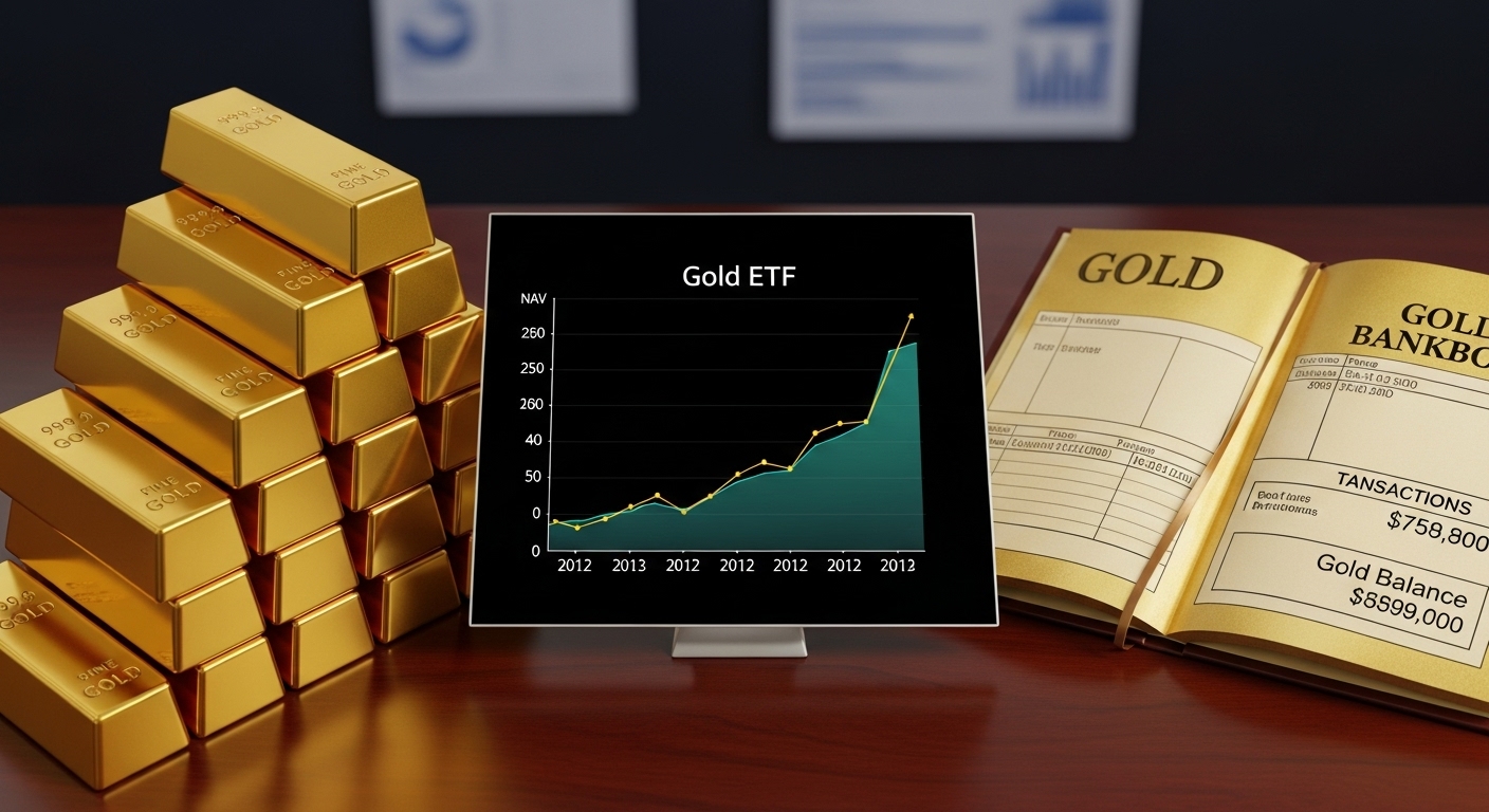 금괴, 금 ETF 그래프, 금 통장이 함께 그려진 이미지: 다양한 금 투자 방식을 표현